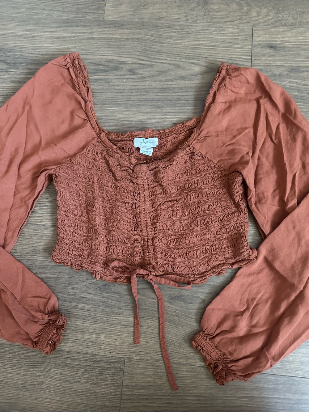 Free People Rust Smocked Long-Sleeve Crop Top